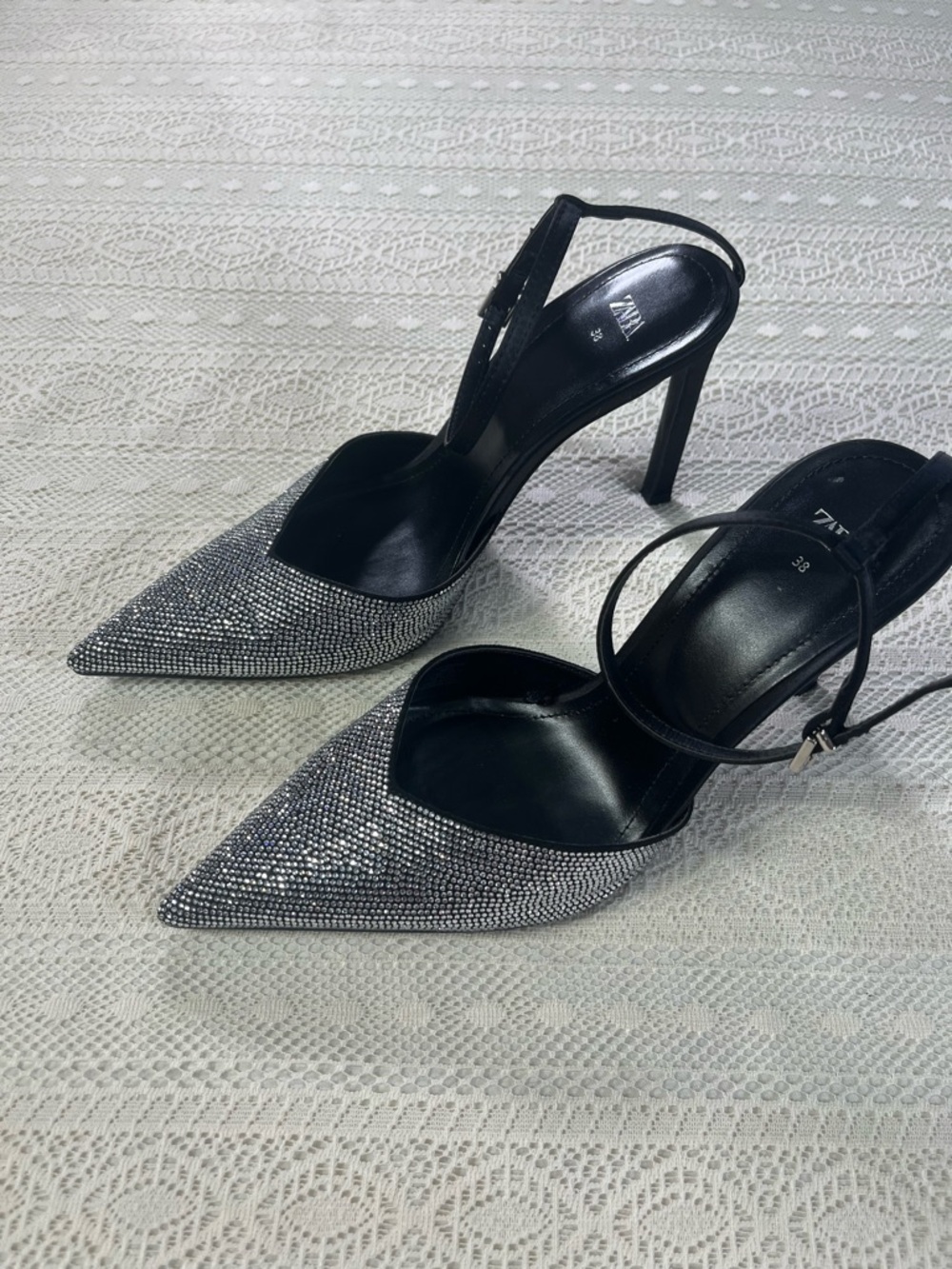 Zara Black Slingback Heels with Silver Rhinestone Pointed Toes - Picture 3 of 7